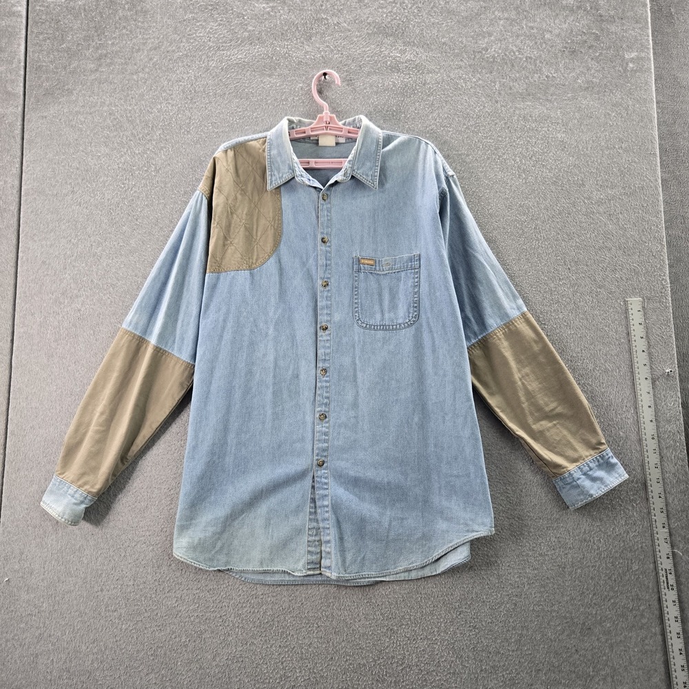 VINTAGE Columbia Men Button Up Shirt Blue Denim Colorblock Patch Hunt 90s